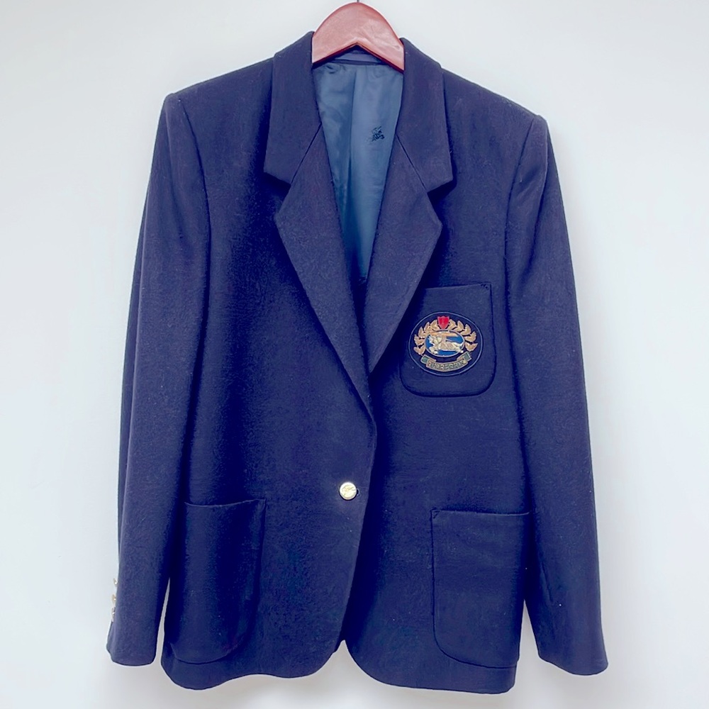 Vintage Burberry Navy Wool Blazer Embroidered Crest